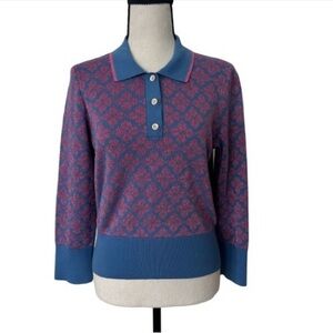 Kate Spade sweater top blue pink metallic floral jacquard polo knit size M Chic